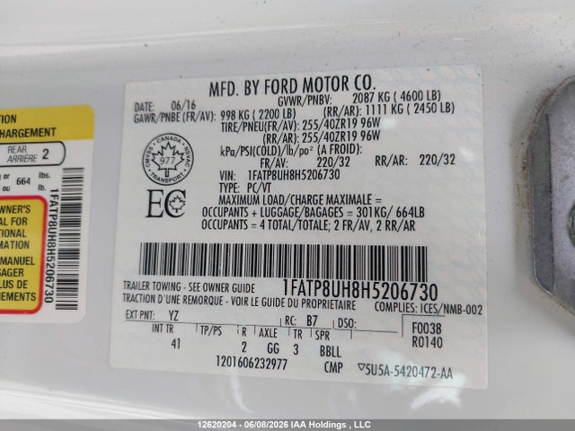 12620204 :رقم المزاد ، 1FATP8UH8H5206730 vin ، 2017 Ford Mustang مزاد بيع