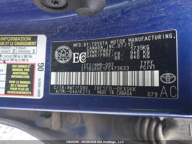 Продажа на аукционе авто 2015 Toyota Corolla L/le/le Pls/prm/s/s Pls, vin: 2T1BURHE1FC473633, номер лота: 12620205