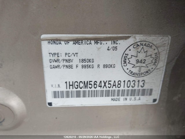 Продажа на аукционе авто 2005 Honda Accord Lx, vin: 1HGCM564X5A810313, номер лота: 12620210
