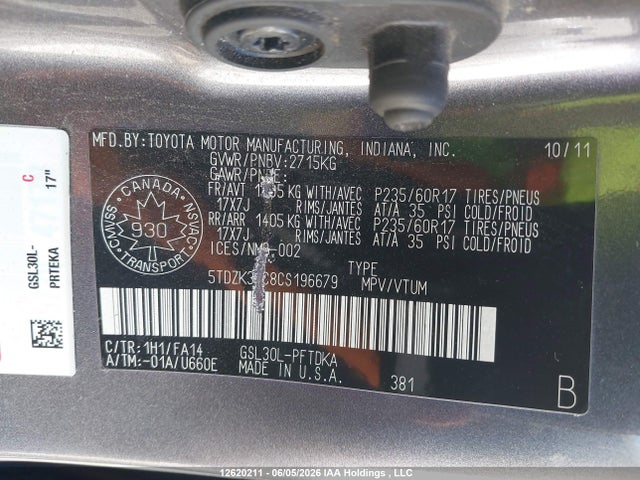 2012 Toyota Sienna მანქანა იყიდება აუქციონზე, vin: 5TDZK3DC8CS196679, აუქციონის ნომერი: 12620211
