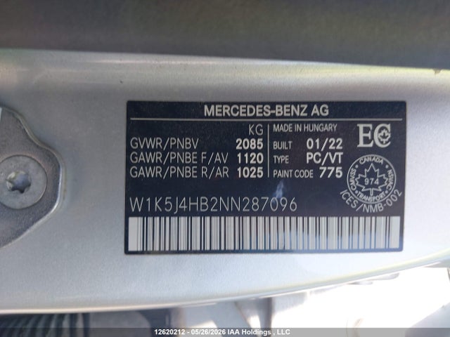 2022 Mercedes-benz Cla მანქანა იყიდება აუქციონზე, vin: W1K5J4HB2NN287096, აუქციონის ნომერი: 12620212