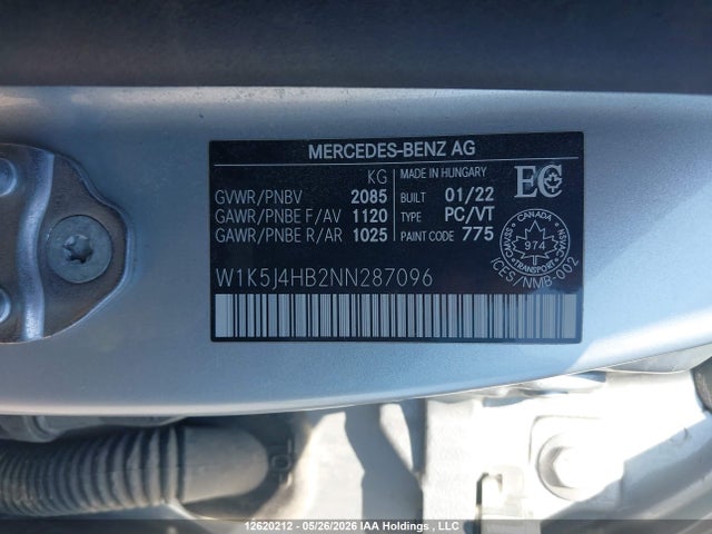 2022 Mercedes-benz Cla მანქანა იყიდება აუქციონზე, vin: W1K5J4HB2NN287096, აუქციონის ნომერი: 12620212