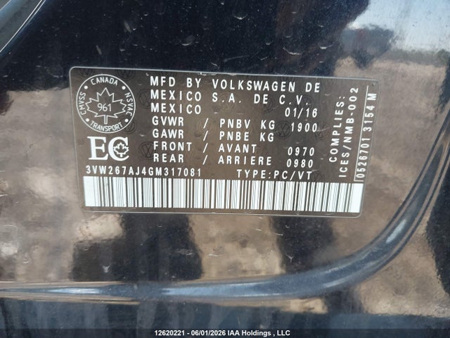 12620221 :رقم المزاد ، 3VW267AJ4GM317081 vin ، 2016 Volkswagen Jetta مزاد بيع