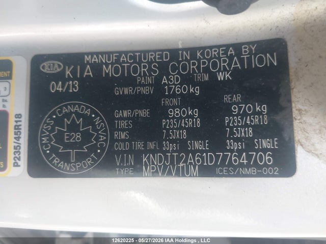 12620225 :رقم المزاد ، KNDJT2A61D7764706 vin ، 2013 Kia Soul 2.0l 2u/2.0l 4u/2.0l 4u Burner/2.0l 4u Luxury/2.0l 4u Retro مزاد بيع
