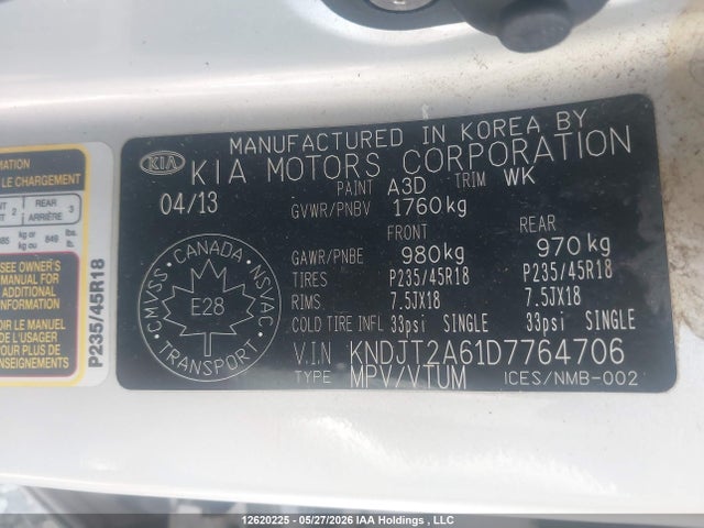 12620225 :رقم المزاد ، KNDJT2A61D7764706 vin ، 2013 Kia Soul 2.0l 2u/2.0l 4u/2.0l 4u Burner/2.0l 4u Luxury/2.0l 4u Retro مزاد بيع