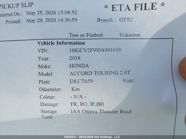 Продаж на аукціоні авто 2018 Honda Accord Touring 2.0t, vin: 1HGCV2F99JA801619, номер лоту: 12620231