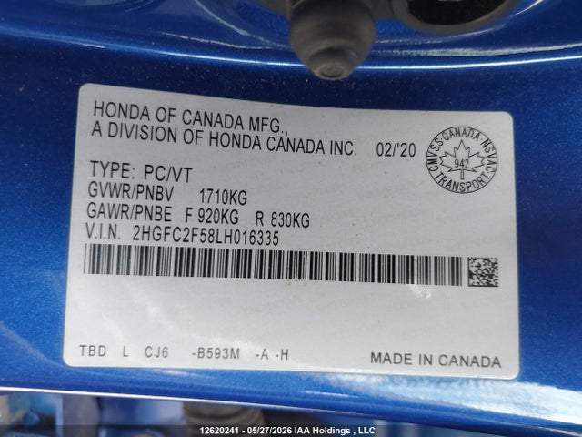 Aukcja sprzedaży 2020 Honda Civic Lx, vin: 2HGFC2F58LH016335, numer aukcji: 12620241