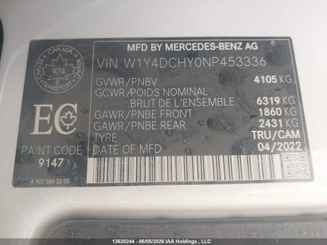 2022 Mercedes-benz Sprinter 2500 მანქანა იყიდება აუქციონზე, vin: W1Y4DCHY0NP453336, აუქციონის ნომერი: 12620244