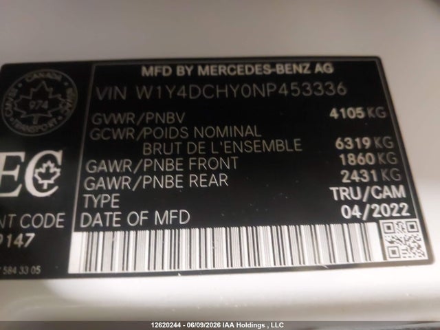 2022 Mercedes-benz Sprinter 2500 მანქანა იყიდება აუქციონზე, vin: W1Y4DCHY0NP453336, აუქციონის ნომერი: 12620244