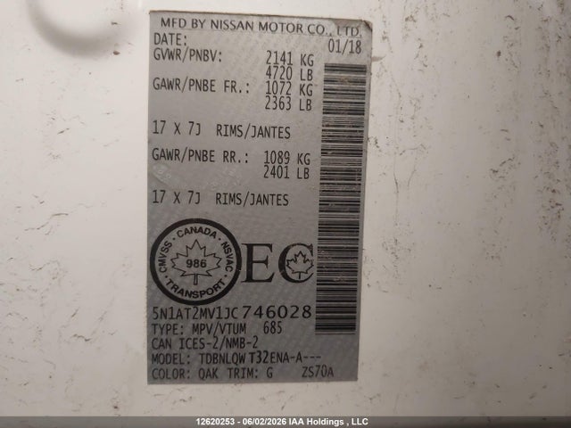 Aukcja sprzedaży 2018 Nissan Rogue Sv/sl, vin: 5N1AT2MV1JC746028, numer aukcji: 12620253