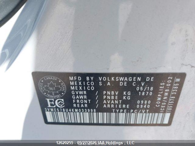 2019 Volkswagen Jetta მანქანა იყიდება აუქციონზე, vin: 3VWE57BU4KM033998, აუქციონის ნომერი: 12620255