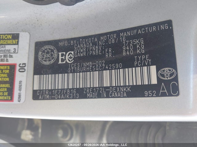 Продаж на аукціоні авто 2016 Toyota Corolla L/le/le Pls/prm/s/s Pls, vin: 2T1BURHE5GC742590, номер лоту: 12620257
