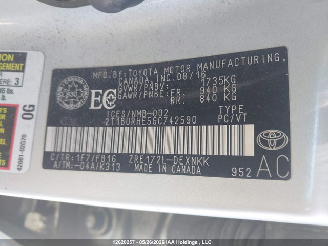 Продаж на аукціоні авто 2016 Toyota Corolla L/le/le Pls/prm/s/s Pls, vin: 2T1BURHE5GC742590, номер лоту: 12620257