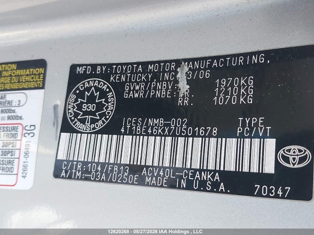 Продаж на аукціоні авто 2007 Toyota Camry Le/se, vin: 4T1BE46KX7U501678, номер лоту: 12620268