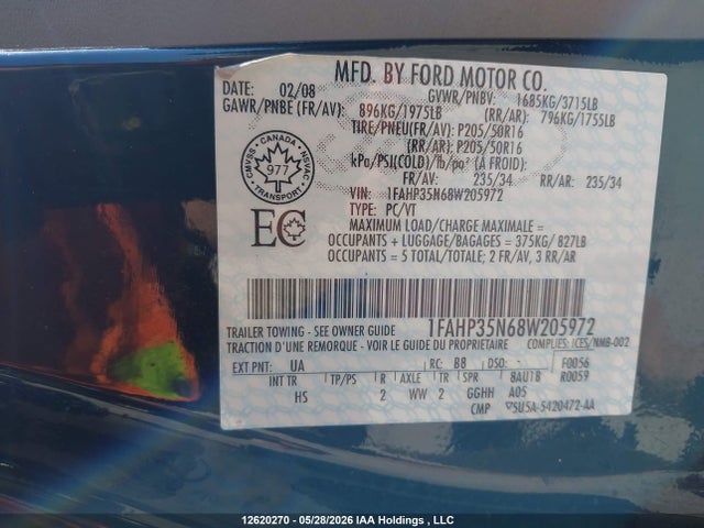 12620270 :رقم المزاد ، 1FAHP35N68W205972 vin ، 2008 Ford Focus Se/sel/ses مزاد بيع