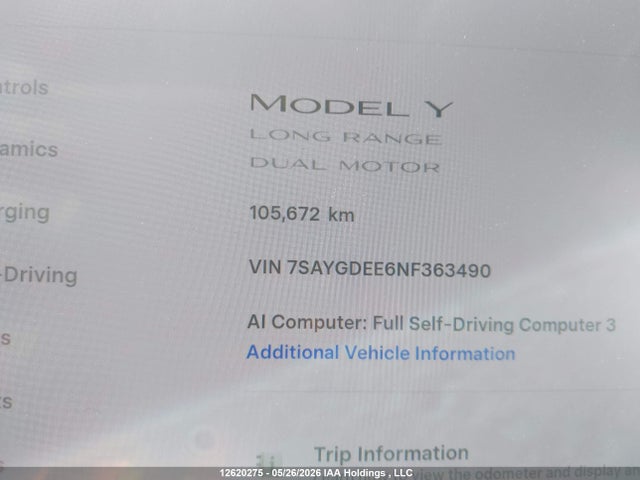 12620275 :رقم المزاد ، 7SAYGDEE6NF363490 vin ، 2022 Tesla Model Y Long Range مزاد بيع