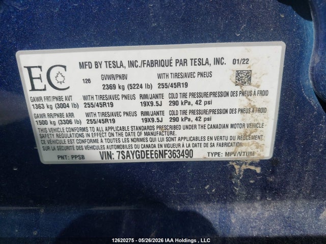 12620275 :رقم المزاد ، 7SAYGDEE6NF363490 vin ، 2022 Tesla Model Y Long Range مزاد بيع