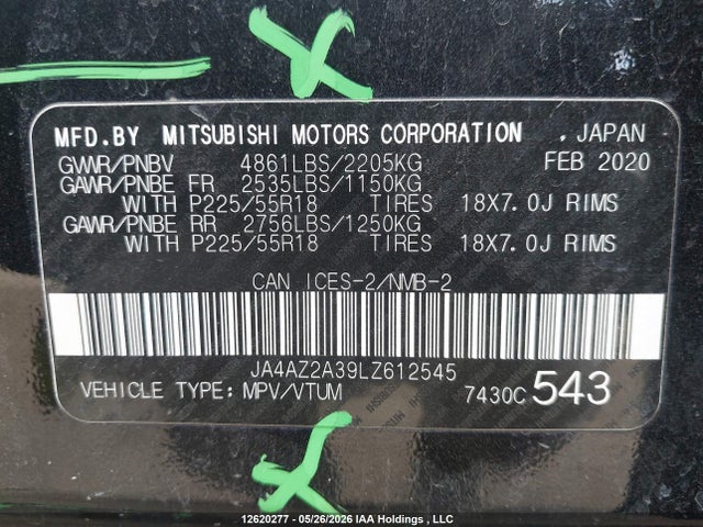 Продажа на аукционе авто 2020 Mitsubishi Outlander Es/ex/ex-l, vin: JA4AZ2A39LZ612545, номер лота: 12620277