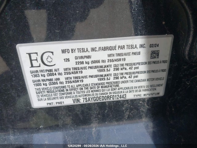 Продажа на аукционе авто 2024 Tesla Model Y Long Range/rwd, vin: 7SAYGDED0RF012443, номер лота: 12620299