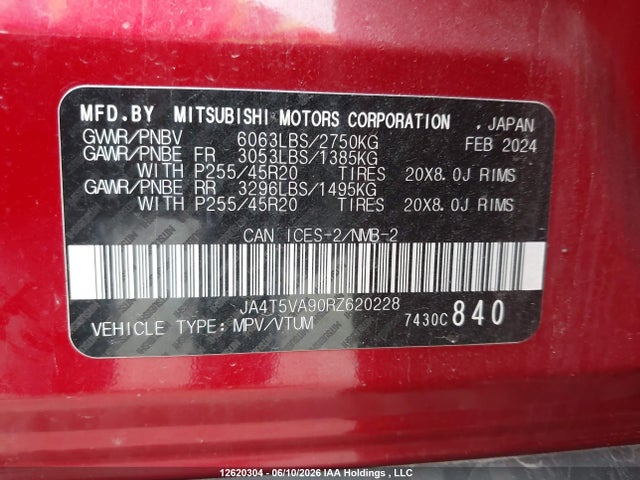 12620304 :رقم المزاد ، JA4T5VA90RZ620228 vin ، 2024 Mitsubishi Outlander Phev Le/sel مزاد بيع