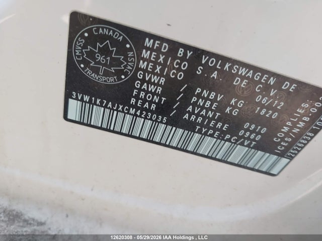 12620308 :رقم المزاد ، 3VW1K7AJXCM423035 vin ، 2012 Volkswagen Jetta مزاد بيع