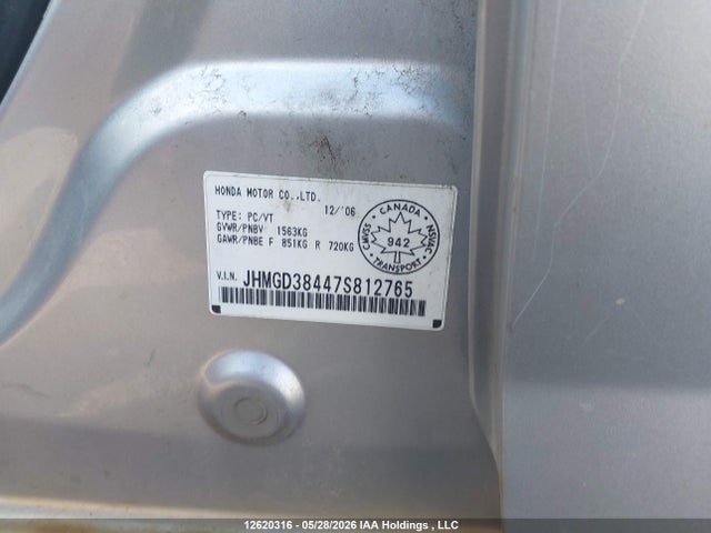 12620316 :رقم المزاد ، JHMGD38447S812765 vin ، 2007 Honda Fit مزاد بيع