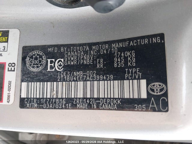 2010 Toyota Corolla S/le/xle მანქანა იყიდება აუქციონზე, vin: 2T1BU4EE7AC399439, აუქციონის ნომერი: 12620323