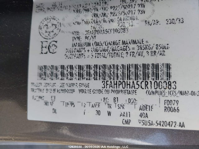 12620330 :رقم المزاد ، 3FAHP0HA5CR100083 vin ، 2012 Ford Fusion Se مزاد بيع
