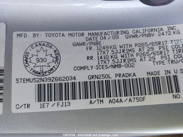12574754 :رقم المزاد ، 5TEMU52N39Z662034 vin ، 2009 Toyota Tacoma V6 مزاد بيع