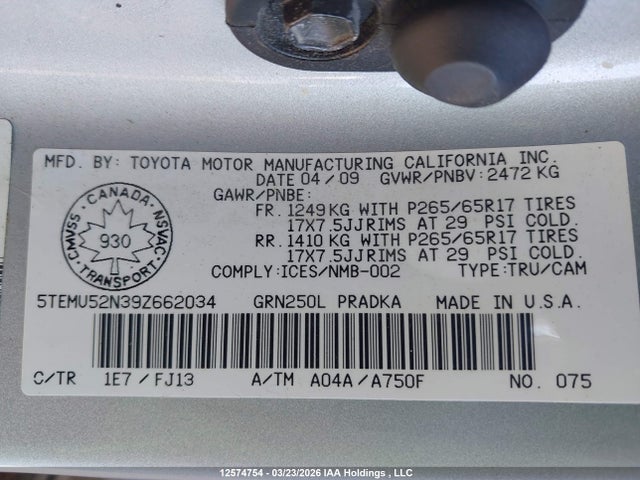 12574754 :رقم المزاد ، 5TEMU52N39Z662034 vin ، 2009 Toyota Tacoma V6 مزاد بيع