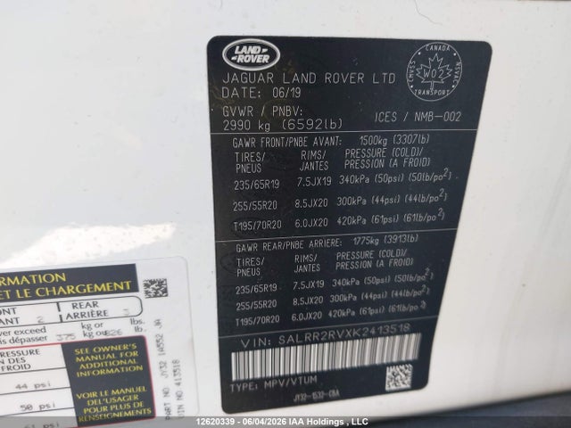 SALRR2RVXK2413518 Land Rover Discovery Hse