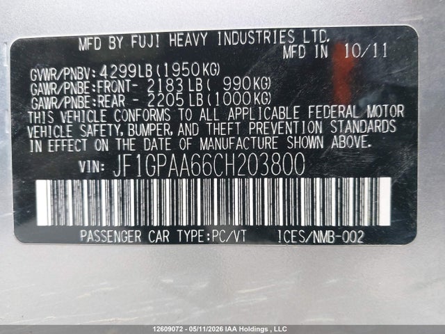 12609072 :رقم المزاد ، JF1GPAA66CH203800 vin ، 2012 Subaru Impreza 2.0i مزاد بيع