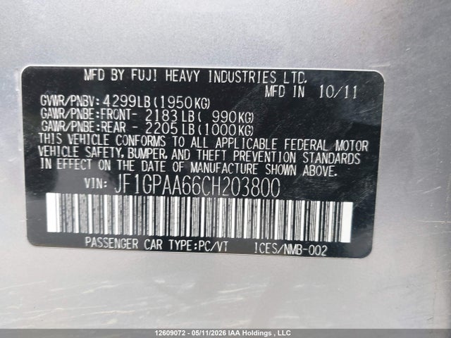 12609072 :رقم المزاد ، JF1GPAA66CH203800 vin ، 2012 Subaru Impreza 2.0i مزاد بيع