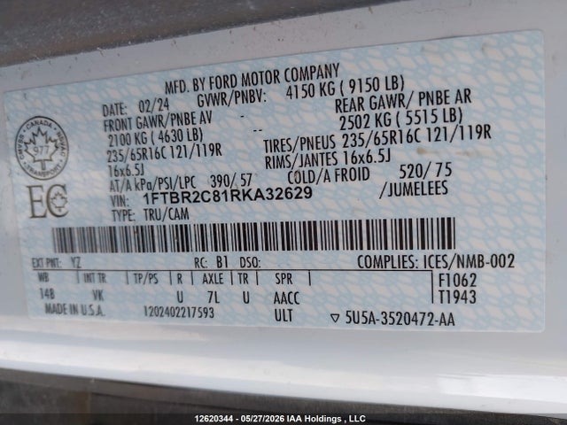 Продажа на аукционе авто 2024 Ford Transit T-250, vin: 1FTBR2C81RKA32629, номер лота: 12620344