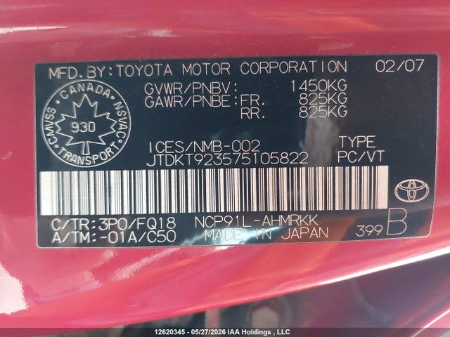 Auction sale of the 2007 Toyota Yaris, vin: JTDKT923575105822, lot number: 12620345