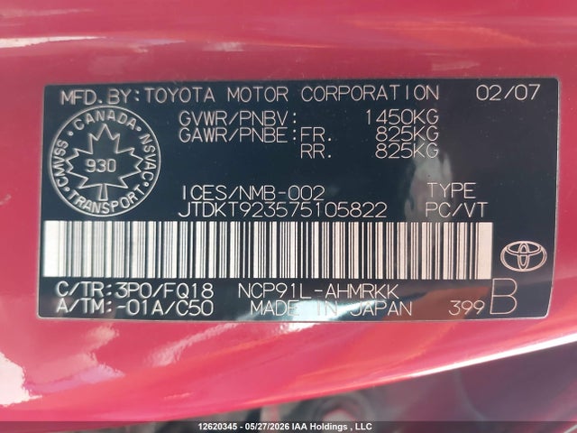 Auction sale of the 2007 Toyota Yaris, vin: JTDKT923575105822, lot number: 12620345