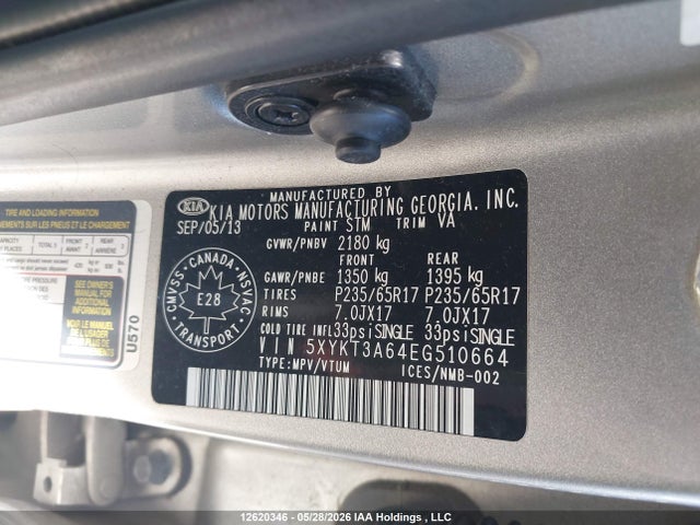 12620346 :رقم المزاد ، 5XYKT3A64EG510664 vin ، 2014 Kia Sorento مزاد بيع