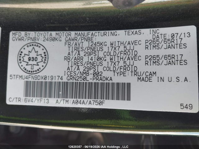 12620357 :رقم المزاد ، 5TFMU4FN9DX019174 vin ، 2013 Toyota Tacoma Double Cab Long Bed مزاد بيع