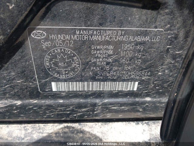 Aukcja sprzedaży 2013 Hyundai Sonata Gls, vin: 5NPEB4AC3DH596844, numer aukcji: 12603810