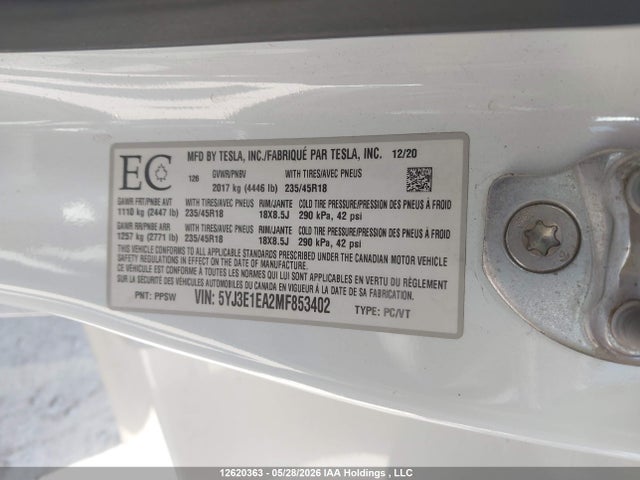12620363 :رقم المزاد ، 5YJ3E1EA2MF853402 vin ، 2021 Tesla Model 3 Standard Range/standard Range Plus مزاد بيع