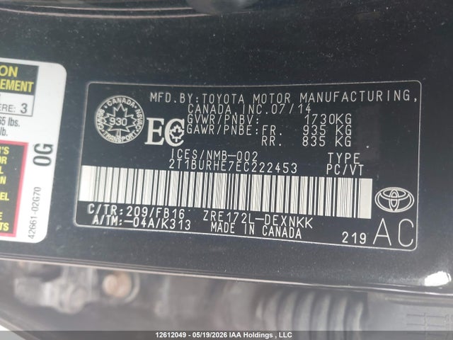 Продаж на аукціоні авто 2014 Toyota Corolla Le, vin: 2T1BURHE7EC222453, номер лоту: 12612049