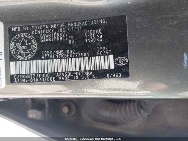 2014 Toyota Camry Le მანქანა იყიდება აუქციონზე, vin: 4T1BF1FK8EU777981, აუქციონის ნომერი: 12620383