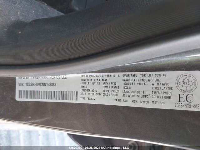12620390 :رقم المزاد ، 1C6SRFU9XNN153383 vin ، 2022 Ram 1500 Trx مزاد بيع