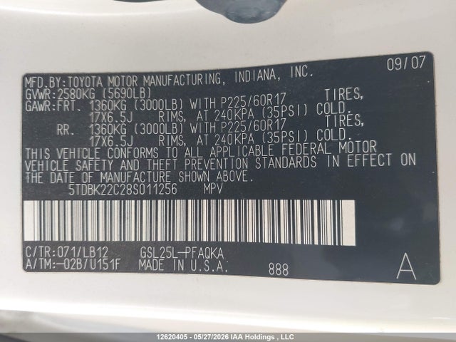 12620405 :رقم المزاد ، 5TDBK22C28S011256 vin ، 2008 Toyota Sienna Limited مزاد بيع