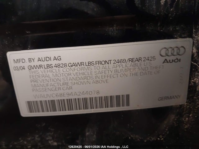 Aukcja sprzedaży 2004 Audi A4 1.8t Avant, vin: WAUVC68E94A244078, numer aukcji: 12620425