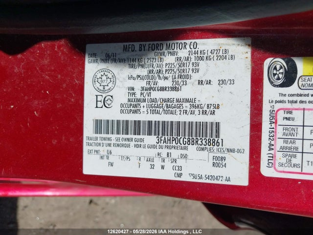 12620427 :رقم المزاد ، 3FAHP0CG8BR338861 vin ، 2011 Ford Fusion Sel مزاد بيع