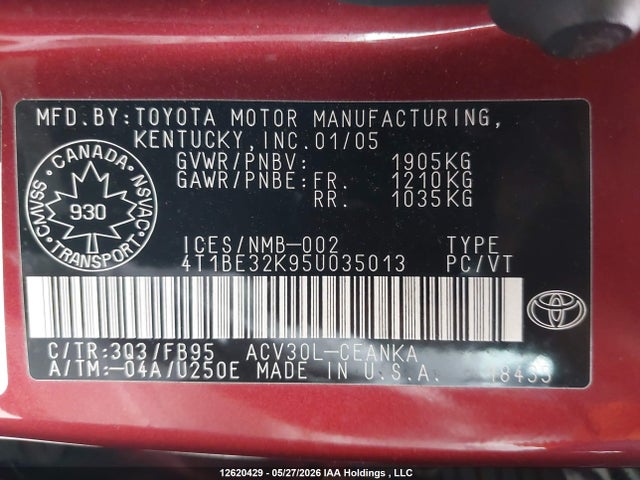 12620429 :رقم المزاد ، 4T1BE32K95U035013 vin ، 2005 Toyota Camry Le/xle/se مزاد بيع