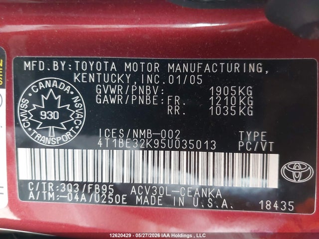 12620429 :رقم المزاد ، 4T1BE32K95U035013 vin ، 2005 Toyota Camry Le/xle/se مزاد بيع