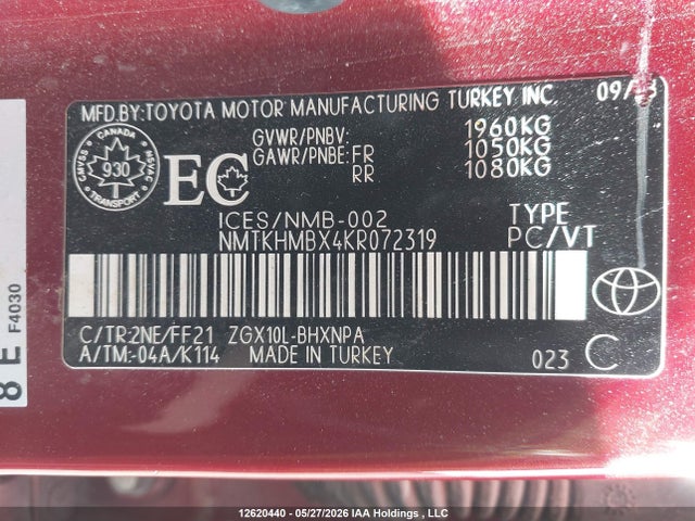 12620440 :رقم المزاد ، NMTKHMBX4KR072319 vin ، 2019 Toyota C-hr Xle مزاد بيع