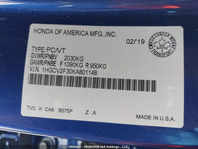 12620441 :رقم المزاد ، 1HGCV2F30KA801148 vin ، 2019 Honda Accord Sport 2.0t مزاد بيع
